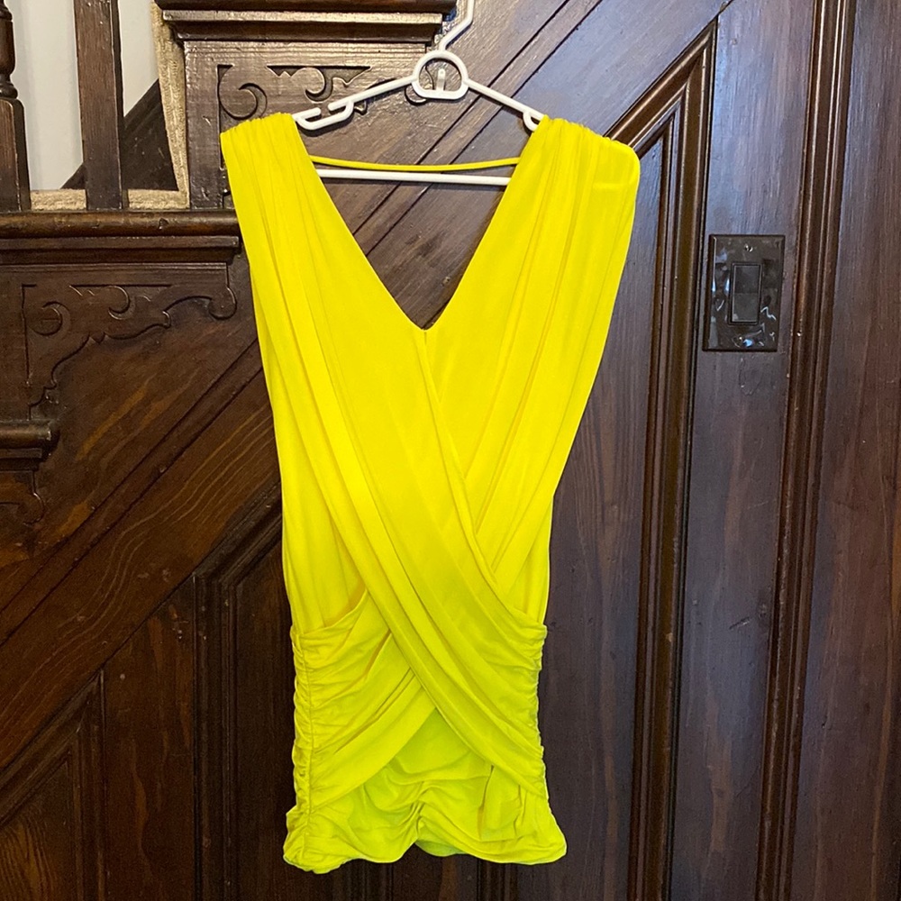 BCBGMaxazria yellow, mini, ruched dress
